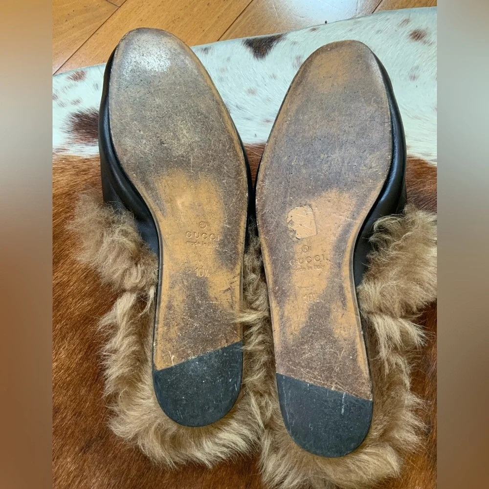 Gucci Black Leather Fur-Lined Horsebit Loafers